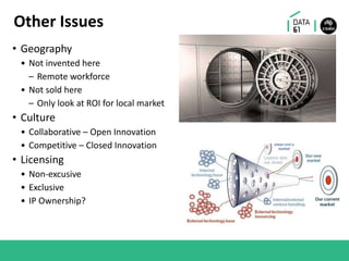 Other Issues
• Geography
• Not invented here
– Remote workforce
• Not sold here
– Only look at ROI for local market
• Culture
• Collaborative – Open Innovation
• Competitive – Closed Innovation
• Licensing
• Non-excusive
• Exclusive
• IP Ownership?
 