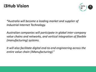 i3Hub Vision
“Australia will become a leading market and supplier of
Industrial Internet Technology.
Australian companies will participate in global inter-company
value chains and networks, and vertical integration of flexible
(manufacturing) systems.
It will also facilitate digital end-to-end engineering across the
entire value chain (iManufacturing).”
 