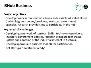 i3Hub Business
Project objectives
• Develop business models that allow a wide variety of stakeholders
(technology consumers/providers, investors, government
agencies, research providers etc to participate in the hub)
Key research challenges
• Developing a network of startups, SMEs, technology providers,
investors, government entities, research providers to increase
uptake and adoption of the industrial internet in Australia
• Develop appropriate business models for participation
• Get startups “investment ready”
 