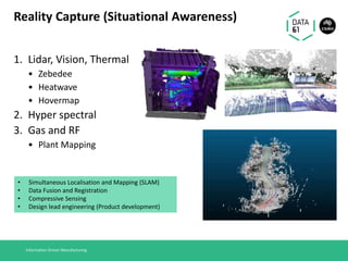 Reality Capture (Situational Awareness)
1. Lidar, Vision, Thermal
• Zebedee
• Heatwave
• Hovermap
2. Hyper spectral
3. Gas and RF
• Plant Mapping
Information Driven Manufacturing
• Simultaneous Localisation and Mapping (SLAM)
• Data Fusion and Registration
• Compressive Sensing
• Design lead engineering (Product development)
 