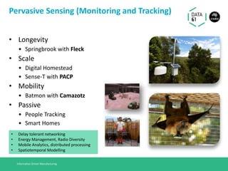 Pervasive Sensing (Monitoring and Tracking)
• Longevity
• Springbrook with Fleck
• Scale
• Digital Homestead
• Sense-T with PACP
• Mobility
• Batmon with Camazotz
• Passive
• People Tracking
• Smart Homes
Information Driven Manufacturing
• Delay tolerant networking
• Energy Management, Radio Diversity
• Mobile Analytics, distributed processing
• Spatiotemporal Modelling
 