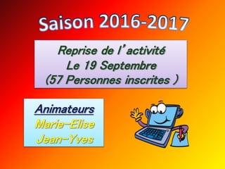 Reprise de l’activité
Le 19 Septembre
(57 Personnes inscrites )