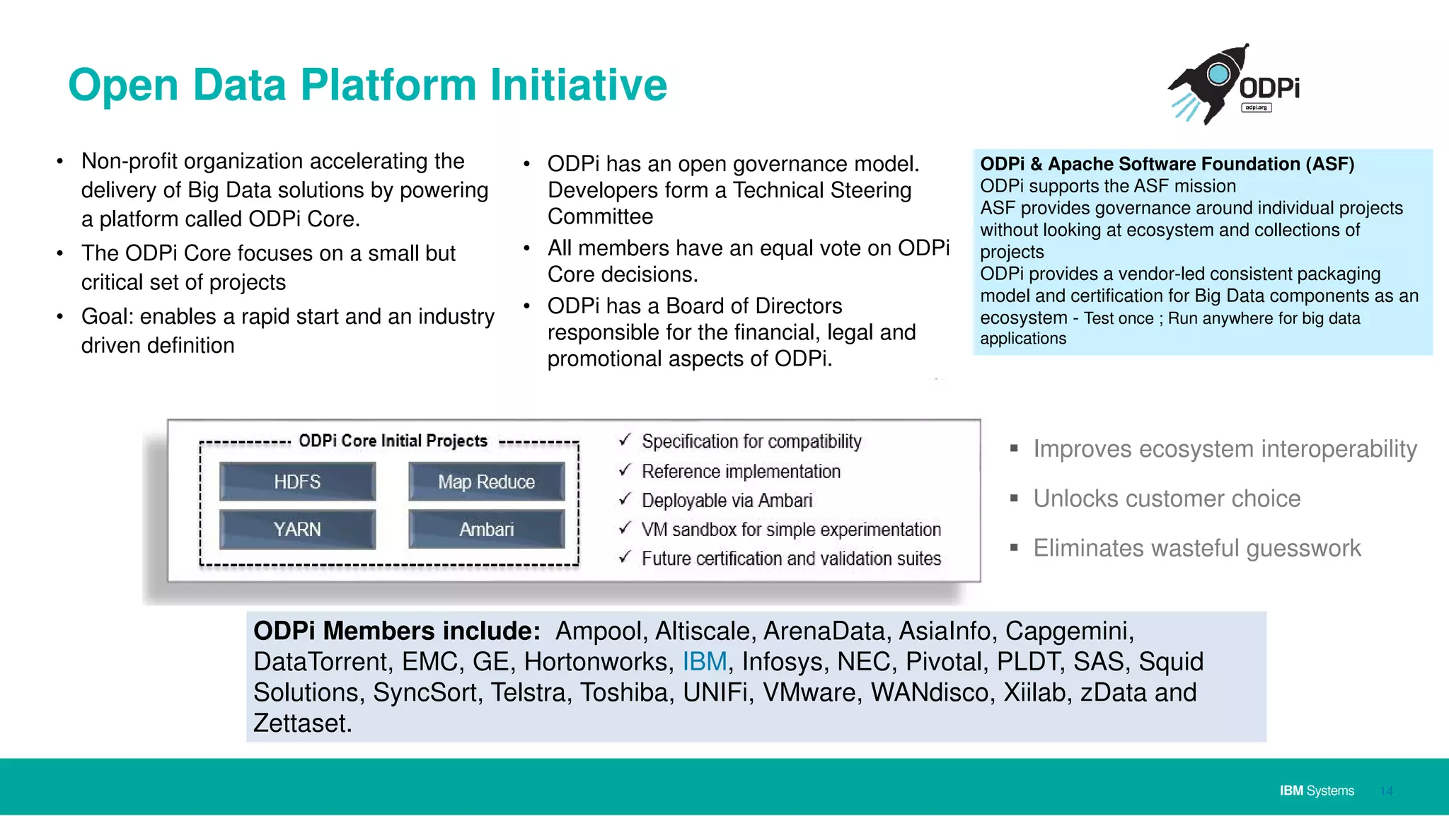 IBM Systems
Open Data Platform Initiative
14
• ODPi has an open governance model.
Developers form a Technical Steering
Committee
• All members have an equal vote on ODPi
Core decisions.
• ODPi has a Board of Directors
responsible for the financial, legal and
promotional aspects of ODPi.
• Non-profit organization accelerating the
delivery of Big Data solutions by powering
a platform called ODPi Core.
• The ODPi Core focuses on a small but
critical set of projects
• Goal: enables a rapid start and an industry
driven definition
ODPi Members include: Ampool, Altiscale, ArenaData, AsiaInfo, Capgemini,
DataTorrent, EMC, GE, Hortonworks, IBM, Infosys, NEC, Pivotal, PLDT, SAS, Squid
Solutions, SyncSort, Telstra, Toshiba, UNIFi, VMware, WANdisco, Xiilab, zData and
Zettaset.
ODPi & Apache Software Foundation (ASF)
ODPi supports the ASF mission
ASF provides governance around individual projects
without looking at ecosystem and collections of
projects
ODPi provides a vendor-led consistent packaging
model and certification for Big Data components as an
ecosystem - Test once ; Run anywhere for big data
applications
Improves ecosystem interoperability
Unlocks customer choice
Eliminates wasteful guesswork
 