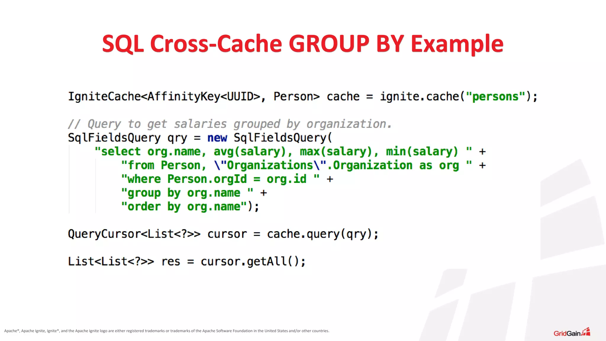 Apache®, Apache Ignite, Ignite®, and the Apache Ignite logo are either registered trademarks or trademarks of the Apache Software Foundation in the United States and/or other countries. SQL Cross-Cache GROUP BY Example 