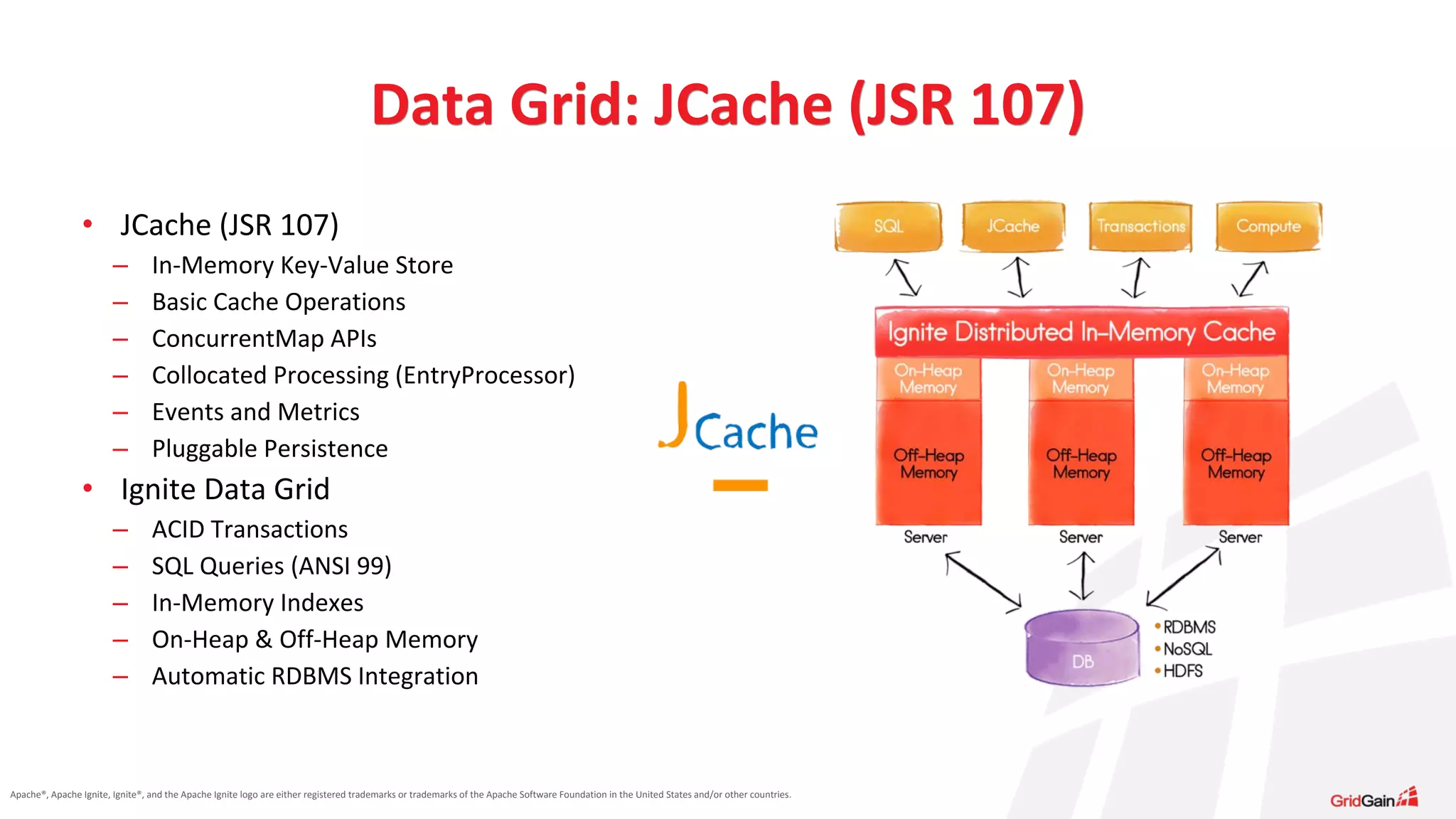 Apache®, Apache Ignite, Ignite®, and the Apache Ignite logo are either registered trademarks or trademarks of the Apache Software Foundation in the United States and/or other countries. • JCache (JSR 107) – In-Memory Key-Value Store – Basic Cache Operations – ConcurrentMap APIs – Collocated Processing (EntryProcessor) – Events and Metrics – Pluggable Persistence • Ignite Data Grid – ACID Transactions – SQL Queries (ANSI 99) – In-Memory Indexes – On-Heap & Off-Heap Memory – Automatic RDBMS Integration Data Grid: JCache (JSR 107) 