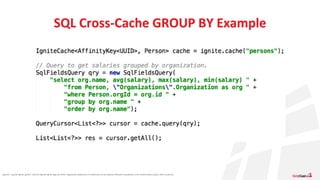 Apache®, Apache Ignite, Ignite®, and the Apache Ignite logo are either registered trademarks or trademarks of the Apache Software Foundation in the United States and/or other countries.
SQL Cross-Cache GROUP BY Example
 
