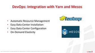 Apache®, Apache Ignite, Ignite®, and the Apache Ignite logo are either registered trademarks or trademarks of the Apache Software Foundation in the United States and/or other countries.
• Automatic Resource Management
• Easy Data Center Installation
• Easy Data Center Configuration
• On-Demand Elasticity
DevOps: Integration with Yarn and Mesos
 