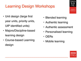 Learning Design Workshops
• Unit design (large first
year units, priority units,
UIP identified units)
• Majors/Discipline-based
learning design
• Course-based Learning
design
• Blended learning
• Authentic learning
• Authentic assessment
• Personalised learning
• OERs
• Mobile learning