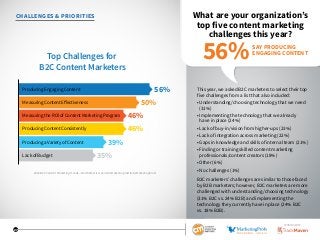 27
CHALLENGES  PRIORITIES What are your organization’s
top five content marketing
challenges this year?
This year, we asked B2C marketers to select their top
five challenges from a list that also included:
• Understanding/choosing technology that we need
(31%)
• Implementing the technology that we already
have in place (24%)
• Lack of buy-in/vision from higher-ups (23%)
• Lack of integration across marketing (22%)
• Gaps in knowledge and skills of internal team (21%)
• Finding or training skilled content marketing
professionals/content creators (18%)
• Other (6%)
• No challenges (1%)
B2C marketers’ challenges are similar to those faced
by B2B marketers; however, B2C marketers are more
challenged with understanding/choosing technology
(31% B2C vs. 24% B2B) and implementing the
technology they currently have in place (24% B2C
vs. 18% B2B).
Top Challenges for
B2C Content Marketers
50%
56%
46%
46%
39%
35%
ProducingEngagingContent
MeasuringContentEﬀectiveness
ProducingContentConsistently
MeasuringtheROIofContentMarketingProgram
ProducingaVarietyofContent
LackofBudget
SAY PRODUCING
ENGAGING CONTENT
56%
2016 B2C Content Marketing Trends—North America: Content Marketing Institute/MarketingProfs
SPONSORED BY
 