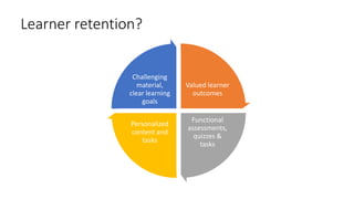 Learner retention?
Valued learner
outcomes
Functional
assessments,
quizzes &
tasks
Personalized
content and
tasks
Challeng...