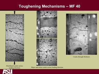 Toughening Mechanisms – MF 40
Cracks through thickness
Distributed cracks across
loading direction Major and minor cracks across loading direction
 