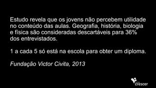 Estudo revela que os jovens não percebem utilidade
no conteúdo das aulas. Geografia, história, biologia
e física são consideradas descartáveis para 36%
dos entrevistados.
1 a cada 5 só está na escola para obter um diploma.
Fundação Victor Civita, 2013
 