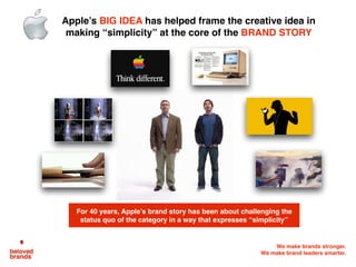 We make brands stronger.
We make brand leaders smarter.
For 40 years, Apple’s brand story has been about challenging the
status quo of the category in a way that expresses “simplicity”
Apple’s BIG IDEA has helped frame the creative idea in
making “simplicity” at the core of the BRAND STORY
 