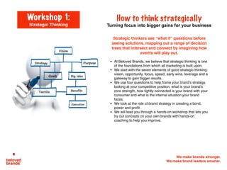 We make brands stronger.
We make brand leaders smarter.
Strategic thinkers see “what if” questions before
seeing solutions, mapping out a range of decision
trees that intersect and connect by imagining how
events will play out.
• At Beloved Brands, we believe that strategic thinking is one
of the foundations from which all marketing is built upon.
• We start with the seven elements of good strategic thinking:
vision, opportunity, focus, speed, early wins, leverage and a
gateway to gain bigger results.
• We use four questions to help frame your brand’s strategy,
looking at your competitive position, what is your brand’s
core strength, how tightly connected is your brand with your
consumer and what is the internal situation your brand
faces.
• We look at the role of brand strategy in creating a bond,
power and profit.
• We will lead you through a hands-on workshop that lets you
try out concepts on your own brands with hands-on
coaching to help you improve.
How to think strategically
Turning focus into bigger gains for your business
Workshop 1:
Strategic Thinking
 