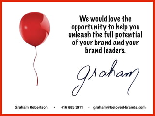 We would love the
opportunity to help you
unleash the full potential
of your brand and your
brand leaders.
Graham Robertson • 416 885 3911 • graham@beloved-brands.com
 