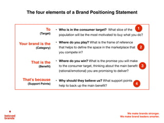 We make brands stronger.
We make brand leaders smarter.
The four elements of a Brand Positioning Statement
To
(Target)
• W...