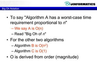 Big Oh Notation
• To say "Algorithm A has a worst-case time
requirement proportional to n"
– We say A is O(n)
– Read "Big Oh of n"
• For the other two algorithms
– Algorithm B is O(n2)
– Algorithm C is O(1)
• O is derived from order (magnitude)
 