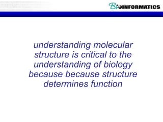 understanding molecular
structure is critical to the
understanding of biology
because because structure
determines function
 