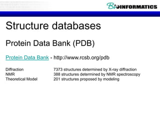Structure databases
Protein Data Bank (PDB)
Protein Data Bank - http://www.rcsb.org/pdb
Diffraction 7373 structures determined by X-ray diffraction
NMR 388 structures determined by NMR spectroscopy
Theoretical Model 201 structures proposed by modeling
 