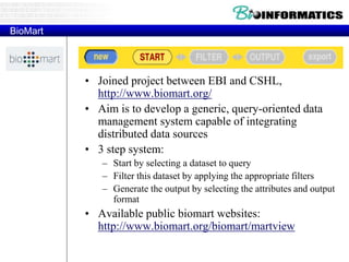 BioMart
• Joined project between EBI and CSHL,
http://www.biomart.org/
• Aim is to develop a generic, query-oriented data
management system capable of integrating
distributed data sources
• 3 step system:
– Start by selecting a dataset to query
– Filter this dataset by applying the appropriate filters
– Generate the output by selecting the attributes and output
format
• Available public biomart websites:
http://www.biomart.org/biomart/martview
 
