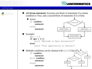 if/else
 if/else statement: Executes one block of statements if a certain
condition is True, and a second block of statements if it is False.
 Syntax:
if condition:
statements
else:
statements
 Example:
gpa = 1.4
if gpa > 2.0:
print "Welcome to Mars University!"
else:
print "Your application is denied."
 Multiple conditions can be chained with elif ("else if"):
if condition:
statements
elif condition:
statements
else:
statements
 
