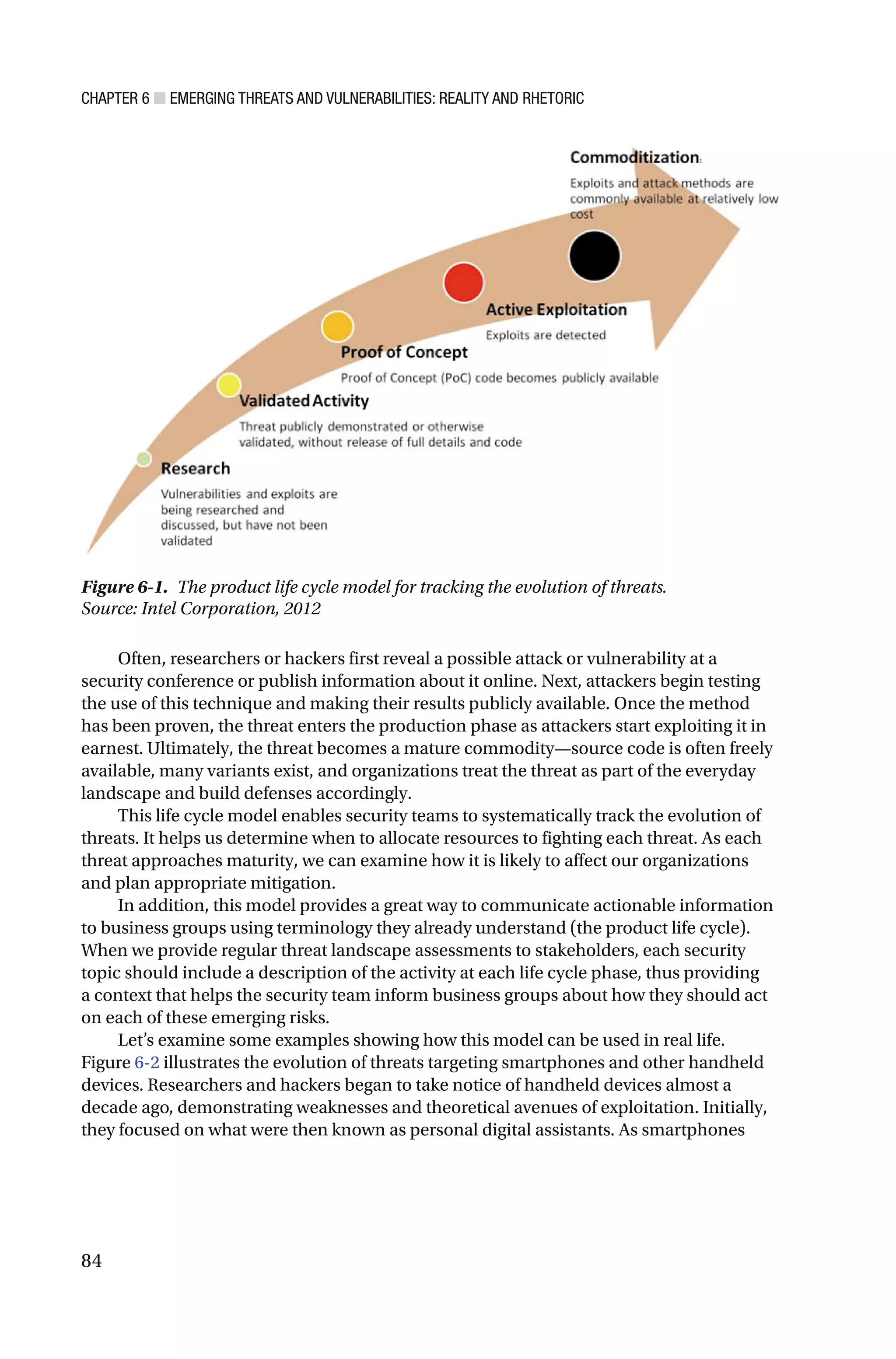 CHAPTER 6 ■ EMERGING THREATS AND VULNERABILITIES: REALITY AND RHETORIC
84
Often, researchers or hackers first reveal a possible attack or vulnerability at a
security conference or publish information about it online. Next, attackers begin testing
the use of this technique and making their results publicly available. Once the method
has been proven, the threat enters the production phase as attackers start exploiting it in
earnest. Ultimately, the threat becomes a mature commodity—source code is often freely
available, many variants exist, and organizations treat the threat as part of the everyday
landscape and build defenses accordingly.
This life cycle model enables security teams to systematically track the evolution of
threats. It helps us determine when to allocate resources to fighting each threat. As each
threat approaches maturity, we can examine how it is likely to affect our organizations
and plan appropriate mitigation.
In addition, this model provides a great way to communicate actionable information
to business groups using terminology they already understand (the product life cycle).
When we provide regular threat landscape assessments to stakeholders, each security
topic should include a description of the activity at each life cycle phase, thus providing
a context that helps the security team inform business groups about how they should act
on each of these emerging risks.
Let’s examine some examples showing how this model can be used in real life.
Figure 6-2 illustrates the evolution of threats targeting smartphones and other handheld
devices. Researchers and hackers began to take notice of handheld devices almost a
decade ago, demonstrating weaknesses and theoretical avenues of exploitation. Initially,
they focused on what were then known as personal digital assistants. As smartphones
Figure 6-1. The product life cycle model for tracking the evolution of threats.
Source: Intel Corporation, 2012
 