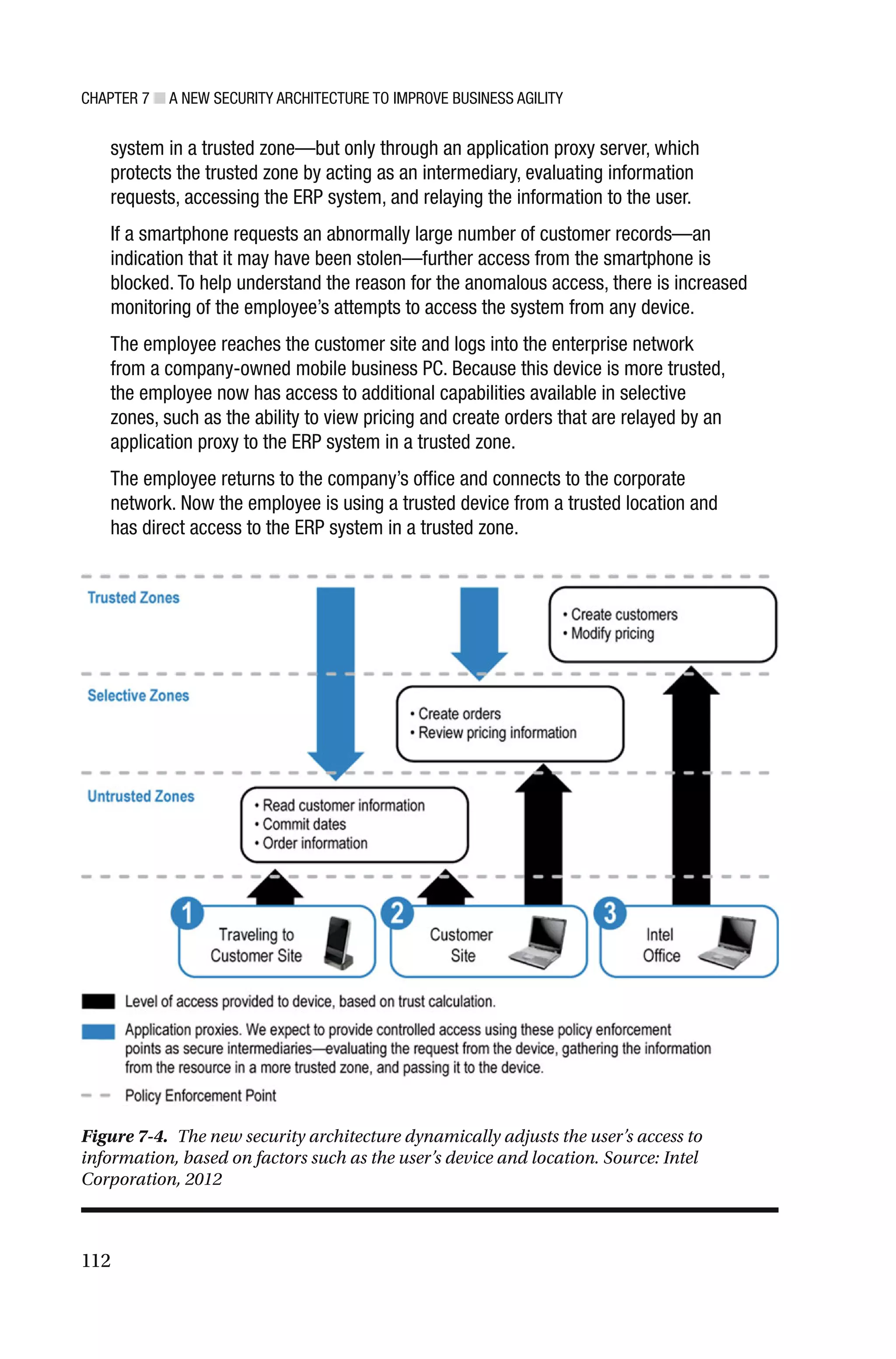CHAPTER 7 ■ A NEW SECURITY ARCHITECTURE TO IMPROVE BUSINESS AGILITY
112
system in a trusted zone—but only through an application proxy server, which
protects the trusted zone by acting as an intermediary, evaluating information
requests, accessing the ERP system, and relaying the information to the user.
If a smartphone requests an abnormally large number of customer records—an
indication that it may have been stolen—further access from the smartphone is
blocked. To help understand the reason for the anomalous access, there is increased
monitoring of the employee’s attempts to access the system from any device.
The employee reaches the customer site and logs into the enterprise network
from a company-owned mobile business PC. Because this device is more trusted,
the employee now has access to additional capabilities available in selective
zones, such as the ability to view pricing and create orders that are relayed by an
application proxy to the ERP system in a trusted zone.
The employee returns to the company’s office and connects to the corporate
network. Now the employee is using a trusted device from a trusted location and
has direct access to the ERP system in a trusted zone.
Figure 7-4. The new security architecture dynamically adjusts the user’s access to
information, based on factors such as the user’s device and location. Source: Intel
Corporation, 2012
 