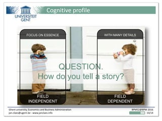 Ghent university, Economics and Business Administration
jan.claes@ugent.be - www.janclaes.info
BPMS2@BPM 2016
10/14
Cognitive profile
QUESTION.
How do you tell a story?
FOCUS ON ESSENCE
FIELD
INDEPENDENT
WITH MANY DETAILS
FIELD
DEPENDENT
 