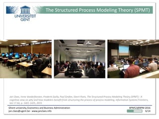 Ghent university, Economics and Business Administration
jan.claes@ugent.be - www.janclaes.info
BPMS2@BPM 2016
6/14
The Structured Process Modeling Theory (SPMT)
Jan Claes, Irene Vanderfeesten, Frederik Gailly, Paul Grefen, Geert Poels, The Structured Process Modeling Theory (SPMT) - A
cognitive view on why and how modelers benefit from structuring the process of process modeling, Information Systems Frontiers,
Vol 17 (6), p. 1401-1425, 2015
 