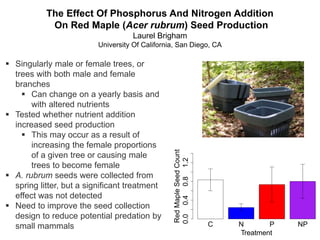 The Effect Of Phosphorus And Nitrogen Addition
On Red Maple (Acer rubrum) Seed Production
Laurel Brigham
University Of California, San Diego, CA
 Singularly male or female trees, or
trees with both male and female
branches
 Can change on a yearly basis and
with altered nutrients
 Tested whether nutrient addition
increased seed production
 This may occur as a result of
increasing the female proportions
of a given tree or causing male
trees to become female
 A. rubrum seeds were collected from
spring litter, but a significant treatment
effect was not detected
 Need to improve the seed collection
design to reduce potential predation by
small mammals C N P NP
Treatment
RedMapleSeedCount
0.00.40.81.2
 