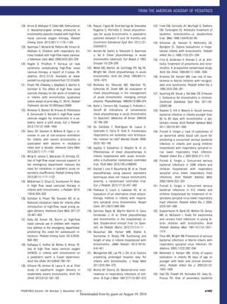 128. Arora B, Mahajan P, Zidan MA, Sethuraman
U. Nasopharyngeal airway pressures in
bronchiolitis patients treated with high-ﬂow
nasal cannula oxygen therapy. Pediatr
Emerg Care. 2012;28(11):1179–1184
129. Spentzas T, Minarik M, Patters AB, Vinson B,
Stidham G. Children with respiratory dis-
tress treated with high-ﬂow nasal cannula.
J Intensive Care Med. 2009;24(5):323–328
130. Hegde S, Prodhan P. Serious air leak
syndrome complicating high-ﬂow nasal
cannula therapy: a report of 3 cases. Pe-
diatrics. 2013;131(3). Available at: www.
pediatrics.org/cgi/content/full/131/3/e939
131. Pham TM, O’Malley L, Mayﬁeld S, Martin S,
Schibler A. The effect of high ﬂow nasal
cannula therapy on the work of breathing
in infants with bronchiolitis [published
online ahead of print May 21, 2014]. Pediatr
Pulmonol. doi:doi:10.1002/ppul.23060
132. Bressan S, Balzani M, Krauss B, Pettenazzo
A, Zanconato S, Baraldi E. High-ﬂow nasal
cannula oxygen for bronchiolitis in a pe-
diatric ward: a pilot study. Eur J Pediatr.
2013;172(12):1649–1656
133. Ganu SS, Gautam A, Wilkins B, Egan J. In-
crease in use of non-invasive ventilation
for infants with severe bronchiolitis is
associated with decline in intubation
rates over a decade. Intensive Care Med.
2012;38(7):1177–1183
134. Wing R, James C, Maranda LS, Armsby CC.
Use of high-ﬂow nasal cannula support in
the emergency department reduces the
need for intubation in pediatric acute re-
spiratory insufﬁciency. Pediatr Emerg Care.
2012;28(11):1117–1123
135. McKiernan C, Chua LC, Visintainer PF, Allen
H. High ﬂow nasal cannulae therapy in
infants with bronchiolitis. J Pediatr. 2010;
156(4):634–638
136. Schibler A, Pham TM, Dunster KR, et al.
Reduced intubation rates for infants after
introduction of high-ﬂow nasal prong ox-
ygen delivery. Intensive Care Med. 2011;37
(5):847–852
137. Kelly GS, Simon HK, Sturm JJ. High-ﬂow
nasal cannula use in children with respira-
tory distress in the emergency department:
predicting the need for subsequent in-
tubation. Pediatr Emerg Care. 2013;29(8):
888–892
138. Kallappa C, Hufton M, Millen G, Ninan TK.
Use of high ﬂow nasal cannula oxygen
(HFNCO) in infants with bronchiolitis on
a paediatric ward: a 3-year experience.
Arch Dis Child. 2014;99(8):790–791
139. Hilliard TN, Archer N, Laura H, et al. Pilot
study of vapotherm oxygen delivery in
moderately severe bronchiolitis. Arch Dis
Child. 2012;97(2):182–183
140. Roqué i Figuls M, Giné-Garriga M, Granados
Rugeles C, Perrotta C. Chest physiother-
apy for acute bronchiolitis in paediatric
patients between 0 and 24 months old.
Cochrane Database Syst Rev. 2012;(2):
CD004873
141. Aviram M, Damri A, Yekutielli C, Bearman
J, Tal A. Chest physiotherapy in acute
bronchiolitis [abstract]. Eur Respir J. 1992;
5(suppl 15):229–230
142. Webb MS, Martin JA, Cartlidge PH, Ng YK,
Wright NA. Chest physiotherapy in acute
bronchiolitis. Arch Dis Child. 1985;60(11):
1078–1079
143. Nicholas KJ, Dhouieb MO, Marshal TG,
Edmunds AT, Grant MB. An evaluation of
chest physiotherapy in the management
of acute bronchiolitis: changing clinical
practice. Physiotherapy. 1999;85(12):669–674
144. Bohé L, Ferrero ME, Cuestas E, Polliotto L,
Genoff M. Indications of conventional
chest physiotherapy in acute bronchiolitis
[in Spanish]. Medicina (B Aires). 2004;64
(3):198–200
145. De Córdoba F, Rodrigues M, Luque A,
Cadrobbi C, Faria R, Solé D. Fisioterapia
respiratória em lactentes com bronquio-
lite: realizar ou não? Mundo Saúde. 2008;
32(2):183–188
146. Gajdos V, Katsahian S, Beydon N, et al.
Effectiveness of chest physiotherapy in
infants hospitalized with acute bronchi-
olitis: a multicenter, randomized, controlled
trial. PLoS Med. 2010;7(9):e1000345
147. Rochat I, Leis P, Bouchardy M, et al. Chest
physiotherapy using passive expiratory
techniques does not reduce bronchiolitis
severity: a randomised controlled trial.
Eur J Pediatr. 2012;171(3):457–462
148. Postiaux G, Louis J, Labasse HC, et al.
Evaluation of an alternative chest physio-
therapy method in infants with respira-
tory syncytial virus bronchiolitis. Respir
Care. 2011;56(7):989–994
149. Sánchez Bayle M, Martín Martín R, Cano
Fernández J, et al. Chest physiotherapy
and bronchiolitis in the hospitalised in-
fant. Double-blind clinical trial [in Span-
ish]. An Pediatr (Barc). 2012;77(1):5–11
150. Mussman GM, Parker MW, Statile A,
Sucharew H, Brady PW. Suctioning and
length of stay in infants hospitalized with
bronchiolitis. JAMA Pediatr. 2013;167(5):
414–421
151. Weisgerber MC, Lye PS, Li SH, et al. Factors
predicting prolonged hospital stay for
infants with bronchiolitis. J Hosp Med.
2011;6(5):264–270
152. Nichol KP, Cherry JD. Bacterial-viral inter-
relations in respiratory infections of chil-
dren. N Engl J Med. 1967;277(13):667–672
153. Field CM, Connolly JH, Murtagh G, Slattery
CM, Turkington EE. Antibiotic treatment of
epidemic bronchiolitis—a double-blind
trial. BMJ. 1966;1(5479):83–85
154. Antonow JA, Hansen K, McKinstry CA,
Byington CL. Sepsis evaluations in hospi-
talized infants with bronchiolitis. Pediatr
Infect Dis J. 1998;17(3):231–236
155. Friis B, Andersen P, Brenøe E, et al. Anti-
biotic treatment of pneumonia and bron-
chiolitis. A prospective randomised study.
Arch Dis Child. 1984;59(11):1038–1045
156. Greenes DS, Harper MB. Low risk of bac-
teremia in febrile children with recogniz-
able viral syndromes. Pediatr Infect Dis J.
1999;18(3):258–261
157. Spurling GK, Doust J, Del Mar CB, Eriksson
L. Antibiotics for bronchiolitis in children.
Cochrane Database Syst Rev. 2011;(6):
CD005189
158. Ralston S, Hill V, Waters A. Occult serious
bacterial infection in infants younger than
60 to 90 days with bronchiolitis: a sys-
tematic review. Arch Pediatr Adolesc Med.
2011;165(10):951–956
159. Purcell K, Fergie J. Lack of usefulness of
an abnormal white blood cell count for
predicting a concurrent serious bacterial
infection in infants and young children
hospitalized with respiratory syncytial vi-
rus lower respiratory tract infection.
Pediatr Infect Dis J. 2007;26(4):311–315
160. Purcell K, Fergie J. Concurrent serious
bacterial infections in 2396 infants and
children hospitalized with respiratory
syncytial virus lower respiratory tract
infections. Arch Pediatr Adolesc Med.
2002;156(4):322–324
161. Purcell K, Fergie J. Concurrent serious
bacterial infections in 912 infants and
children hospitalized for treatment of re-
spiratory syncytial virus lower respiratory
tract infection. Pediatr Infect Dis J. 2004;
23(3):267–269
162. Kuppermann N, Bank DE, Walton EA, Senac
MO Jr, McCaslin I. Risks for bacteremia
and urinary tract infections in young fe-
brile children with bronchiolitis. Arch
Pediatr Adolesc Med. 1997;151(12):1207–
1214
163. Titus MO, Wright SW. Prevalence of serious
bacterial infections in febrile infants with
respiratory syncytial virus infection. Pe-
diatrics. 2003;112(2):282–284
164. Melendez E, Harper MB. Utility of sepsis
evaluation in infants 90 days of age or
younger with fever and clinical bronchi-
olitis. Pediatr Infect Dis J. 2003;22(12):
1053–1056
165. Hall CB, Powell KR, Schnabel KC, Gala CL,
Pincus PH. Risk of secondary bacterial
PEDIATRICS Volume 134, Number 5, November 2014 e1497
FROM THE AMERICAN ACADEMY OF PEDIATRICS
by guest on August 19, 2016Downloaded from
 