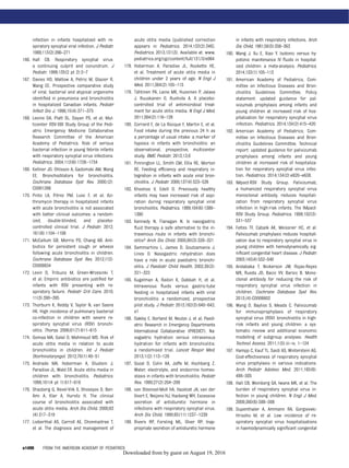 infection in infants hospitalized with re-
spiratory syncytial viral infection. J Pediatr.
1988;113(2):266–271
166. Hall CB. Respiratory syncytial virus:
a continuing culprit and conundrum. J
Pediatr. 1999;135(2 pt 2):2–7
167. Davies HD, Matlow A, Petric M, Glazier R,
Wang EE. Prospective comparative study
of viral, bacterial and atypical organisms
identiﬁed in pneumonia and bronchiolitis
in hospitalized Canadian infants. Pediatr
Infect Dis J. 1996;15(4):371–375
168. Levine DA, Platt SL, Dayan PS, et al; Mul-
ticenter RSV-SBI Study Group of the Pedi-
atric Emergency Medicine Collaborative
Research Committee of the American
Academy of Pediatrics. Risk of serious
bacterial infection in young febrile infants
with respiratory syncytial virus infections.
Pediatrics. 2004;113(6):1728–1734
169. Kellner JD, Ohlsson A, Gadomski AM, Wang
EE. Bronchodilators for bronchiolitis.
Cochrane Database Syst Rev. 2000;(2):
CD001266
170. Pinto LA, Pitrez PM, Luisi F, et al. Azi-
thromycin therapy in hospitalized infants
with acute bronchiolitis is not associated
with better clinical outcomes: a random-
ized, double-blinded, and placebo-
controlled clinical trial. J Pediatr. 2012;
161(6):1104–1108
171. McCallum GB, Morris PS, Chang AB. Anti-
biotics for persistent cough or wheeze
following acute bronchiolitis in children.
Cochrane Database Syst Rev. 2012;(12):
CD009834
172. Levin D, Tribuzio M, Green-Wrzesinki T,
et al. Empiric antibiotics are justiﬁed for
infants with RSV presenting with re-
spiratory failure. Pediatr Crit Care. 2010;
11(3):390–395
173. Thorburn K, Reddy V, Taylor N, van Saene
HK. High incidence of pulmonary bacterial
co-infection in children with severe re-
spiratory syncytial virus (RSV) bronchi-
olitis. Thorax. 2006;61(7):611–615
174. Gomaa MA, Galal O, Mahmoud MS. Risk of
acute otitis media in relation to acute
bronchiolitis in children. Int J Pediatr
Otorhinolaryngol. 2012;76(1):49–51
175. Andrade MA, Hoberman A, Glustein J,
Paradise JL, Wald ER. Acute otitis media in
children with bronchiolitis. Pediatrics.
1998;101(4 pt 1):617–619
176. Shazberg G, Revel-Vilk S, Shoseyov D, Ben-
Ami A, Klar A, Hurvitz H. The clinical
course of bronchiolitis associated with
acute otitis media. Arch Dis Child. 2000;83
(4):317–319
177. Lieberthal AS, Carroll AE, Chonmaitree T,
et al. The diagnosis and management of
acute otitis media [published correction
appears in Pediatrics. 2014;133(2):346].
Pediatrics. 2013;131(3). Available at: www.
pediatrics.org/cgi/content/full/131/3/e964
178. Hoberman A, Paradise JL, Rockette HE,
et al. Treatment of acute otitis media in
children under 2 years of age. N Engl J
Med. 2011;364(2):105–115
179. Tähtinen PA, Laine MK, Huovinen P, Jalava
J, Ruuskanen O, Ruohola A. A placebo-
controlled trial of antimicrobial treat-
ment for acute otitis media. N Engl J Med.
2011;364(2):116–126
180. Corrard F, de La Rocque F, Martin E, et al.
Food intake during the previous 24 h as
a percentage of usual intake: a marker of
hypoxia in infants with bronchiolitis: an
observational, prospective, multicenter
study. BMC Pediatr. 2013;13:6
181. Pinnington LL, Smith CM, Ellis RE, Morton
RE. Feeding efﬁciency and respiratory in-
tegration in infants with acute viral bron-
chiolitis. J Pediatr. 2000;137(4):523–526
182. Khoshoo V, Edell D. Previously healthy
infants may have increased risk of aspi-
ration during respiratory syncytial viral
bronchiolitis. Pediatrics. 1999;104(6):1389–
1390
183. Kennedy N, Flanagan N. Is nasogastric
ﬂuid therapy a safe alternative to the in-
travenous route in infants with bronchi-
olitis? Arch Dis Child. 2005;90(3):320–321
184. Sammartino L, James D, Goutzamanis J,
Lines D. Nasogastric rehydration does
have a role in acute paediatric bronchi-
olitis. J Paediatr Child Health. 2002;38(3):
321–322
185. Kugelman A, Raibin K, Dabbah H, et al.
Intravenous ﬂuids versus gastric-tube
feeding in hospitalized infants with viral
bronchiolitis: a randomized, prospective
pilot study. J Pediatr. 2013;162(3):640–642.
e1
186. Oakley E, Borland M, Neutze J, et al; Paedi-
atric Research in Emergency Departments
International Collaborative (PREDICT). Na-
sogastric hydration versus intravenous
hydration for infants with bronchiolitis:
a randomised trial. Lancet Respir Med.
2013;1(2):113–120
187. Gozal D, Colin AA, Jaffe M, Hochberg Z.
Water, electrolyte, and endocrine homeo-
stasis in infants with bronchiolitis. Pediatr
Res. 1990;27(2):204–209
188. van Steensel-Moll HA, Hazelzet JA, van der
Voort E, Neijens HJ, Hackeng WH. Excessive
secretion of antidiuretic hormone in
infections with respiratory syncytial virus.
Arch Dis Child. 1990;65(11):1237–1239
189. Rivers RP, Forsling ML, Olver RP. Inap-
propriate secretion of antidiuretic hormone
in infants with respiratory infections. Arch
Dis Child. 1981;56(5):358–363
190. Wang J, Xu E, Xiao Y. Isotonic versus hy-
potonic maintenance IV ﬂuids in hospital-
ized children: a meta-analysis. Pediatrics.
2014;133(1):105–113
191. American Academy of Pediatrics, Com-
mittee on Infectious Diseases and Bron-
chiolitis Guidelines Committee. Policy
statement: updated guidance for pal-
ivizumab prophylaxis among infants and
young children at increased risk of hos-
pitalization for respiratory syncytial virus
infection. Pediatrics. 2014;134(2):415–420
192. American Academy of Pediatrics; Com-
mittee on Infectious Diseases and Bron-
chiolitis Guidelines Committee. Technical
report: updated guidance for palivizumab
prophylaxis among infants and young
children at increased risk of hospitaliza-
tion for respiratory syncytial virus infec-
tion. Pediatrics. 2014;134(2):e620–e638.
193. IMpact-RSV Study Group. Palivizumab,
a humanized respiratory syncytial virus
monoclonal antibody, reduces hospitali-
zation from respiratory syncytial virus
infection in high-risk infants. The IMpact-
RSV Study Group. Pediatrics. 1998;102(3):
531–537
194. Feltes TF, Cabalk AK, Meissner HC, et al.
Palivizumab prophylaxis reduces hospitali-
zation due to respiratory syncytial virus in
young children with hemodynamically sig-
niﬁcant congenital heart disease. J Pediatr.
2003;143(4):532–540
195. Andabaka T, Nickerson JW, Rojas-Reyes
MX, Rueda JD, Bacic VV, Barsic B. Mono-
clonal antibody for reducing the risk of
respiratory syncytial virus infection in
children. Cochrane Database Syst Rev.
2013;(4):CD006602
196. Wang D, Bayliss S, Meads C. Palivizumab
for immunoprophylaxis of respiratory
syncytial virus (RSV) bronchiolitis in high-
risk infants and young children: a sys-
tematic review and additional economic
modelling of subgroup analyses. Health
Technol Assess. 2011;1(5):iii–iv, 1–124
197. Hampp C, Kauf TL, Saidi AS, Winterstein AG.
Cost-effectiveness of respiratory syncytial
virus prophylaxis in various indications.
Arch Pediatr Adolesc Med. 2011;165(6):
498–505
198. Hall CB, Weinberg GA, Iwane MK, et al. The
burden of respiratory syncytial virus in-
fection in young children. N Engl J Med.
2009;360(6):588–598
199. Dupenthaler A, Ammann RA, Gorgievski-
Hrisoho M, et al. Low incidence of re-
spiratory syncytial virus hospitalisations
in haemodynamically signiﬁcant congenital
e1498 FROM THE AMERICAN ACADEMY OF PEDIATRICS
by guest on August 19, 2016Downloaded from
 