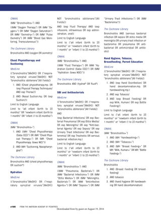 CINAHL
(MM “Bronchiolitis+”) AND
((MM “Oxygen Therapy”) OR (MM “Ox-
ygen+”) OR (MM “Oxygen Saturation”)
OR (MM “Oximetry+”) OR (MM “Pulse
Oximetry”) OR (MM “Blood Gas Moni-
toring, Transcutaneous”))
The Cochrane Library
Bronchiolitis AND (oxygen OR oximetry)
Chest Physiotherapy and
Suctioning
MedLine
((“bronchiolitis”[MeSH]) OR (“respira-
tory syncytial viruses”[MeSH]) NOT
“bronchiolitis obliterans”[All Fields])
1. AND (Chest physiotherapy.mp. OR
(exp Physical Therapy Techniques/
AND exp Thorax/))
2. AND (Nasal Suction.mp. OR (exp
Suction/))
Limit to English Language
Limit to “all infant (birth to 23
months)” OR “newborn infant (birth to
1 month)” OR “infant (1 to 23 months)”)
CINAHL
(MM “Bronchiolitis+”)
1. AND ((MH “Chest Physiotherapy
(Saba CCC)”) OR (MH “Chest Phys-
ical Therapy+”) OR (MH “Chest
Physiotherapy (Iowa NIC)”))
2. AND (MH “Suctioning, Nasopharyn-
geal”)
The Cochrane Library
Bronchiolitis AND (chest physiotherapy
OR suction*)
Hydration
MedLine
((“bronchiolitis”[MeSH]) OR (“respi-
ratory syncytial viruses”[MeSH])
NOT “bronchiolitis obliterans”[All
Fields])
AND (exp Fluid Therapy/ AND (exp
infusions, intravenous OR exp admin-
istration, oral))
Limit to English Language
Limit to (“all infant (birth to 23
months)” or “newborn infant (birth to
1 month)” or “infant (1 to 23 months)”)
CINAHL
(MM “Bronchiolitis+”) AND
((MM “Fluid Therapy+”) OR (MM “Hy-
dration Control (Saba CCC)”) OR (MM
“Hydration (Iowa NOC)”))
The Cochrane Library
Bronchiolitis AND (hydrat* OR ﬂuid*)
SBI and Antibacterials
MedLine
((“bronchiolitis”[MeSH]) OR (“respira-
tory syncytial viruses”[MeSH]) NOT
“bronchiolitis obliterans”[All Fields])
AND
(exp Bacterial Infections/ OR exp Bac-
terial Pneumonia/ OR exp Otitis Media/
OR exp Meningitis/ OR exp *Anti-bac-
terial Agents/ OR exp Sepsis/ OR exp
Urinary Tract Infections/ OR exp Bac-
teremia/ OR exp Tracheitis OR serious
bacterial infection.mp.)
Limit to English Language
Limit to (“all infant (birth to 23
months)” or “newborn infant (birth to
1 month)” or “infant (1 to 23 months)”)
CINAHL
(MM “Bronchiolitis+”) AND
((MM “Pneumonia, Bacterial+”) OR
(MM “Bacterial Infections+”) OR (MM
“Otitis Media+”) OR (MM “Meningitis,
Bacterial+”) OR (MM “Antiinfective
Agents+”) OR (MM “Sepsis+”) OR (MM
“Urinary Tract Infections+”) OR (MM
“Bacteremia”))
The Cochrane Library
Bronchiolitis AND (serious bacterial
infection OR sepsis OR otitis media OR
meningitis OR urinary tract infection or
bacteremia OR pneumonia OR anti-
bacterial OR antimicrobial OR antibi-
otic)
Hand Hygiene, Tobacco,
Breastfeeding, Parent Education
MedLine
((“bronchiolitis”[MeSH]) OR (“respira-
tory syncytial viruses”[MeSH]) NOT
“bronchiolitis obliterans”[All Fields])
1. AND (exp Hand Disinfection/ OR
hand decontamination.mp. OR
handwashing.mp.)
2. AND exp Tobacco/
3. AND (exp Breast Feeding/ OR
exp Milk, Human/ OR exp Bottle
Feeding/)
Limit to English Language
Limit to (“all infant (birth to 23
months)” or “newborn infant (birth to
1 month)” or “infant (1 to 23 months)”)
CINAHL
(MM “Bronchiolitis+”)
1. AND (MH “Handwashing+”)
2. AND (MH “Tobacco+”)
3. AND (MH “Breast Feeding+” OR
MH “Milk, Human+” OR MH “Bottle
Feeding+”)
The Cochrane Library
Bronchiolitis
1. AND (Breast Feeding OR breast-
feeding)
2. AND tobacco
3. AND (hand hygiene OR handwash-
ing OR hand decontamination)
e1502 FROM THE AMERICAN ACADEMY OF PEDIATRICS
by guest on August 19, 2016Downloaded from
 