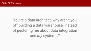 State Of The Union
You’re a data architect, why aren’t you
off building a data warehouse, instead
of pestering me about data integration
and my system…?
 