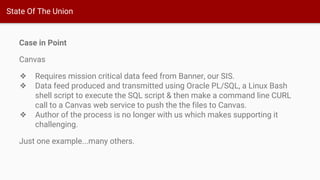 State Of The Union
Case in Point
Canvas
❖ Requires mission critical data feed from Banner, our SIS.
❖ Data feed produced and transmitted using Oracle PL/SQL, a Linux Bash
shell script to execute the SQL script & then make a command line CURL
call to a Canvas web service to push the the files to Canvas.
❖ Author of the process is no longer with us which makes supporting it
challenging.
Just one example...many others.
 