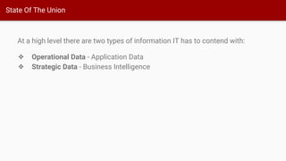 State Of The Union
At a high level there are two types of information IT has to contend with:
❖ Operational Data - Application Data
❖ Strategic Data - Business Intelligence
 