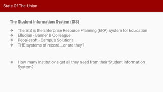 State Of The Union
The Student Information System (SIS)
❖ The SIS is the Enterprise Resource Planning (ERP) system for Education
❖ Ellucian - Banner & Colleague
❖ Peoplesoft - Campus Solutions
❖ THE systems of record….or are they?
❖ How many institutions get all they need from their Student Information
System?
 
