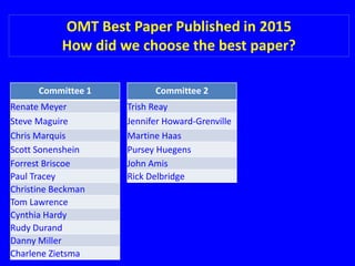OMT Best Paper Published in 2015
How did we choose the best paper?
Committee 1
Renate Meyer
Steve Maguire
Chris Marquis
Sc...