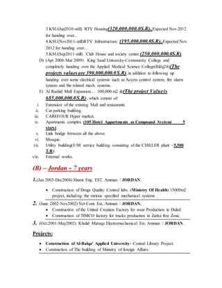 3.KSU(Jun2010-still) RTV Housing(320,000,000.0S.R)..Expected Nov.2012
for handing over..
4.KSU(Nov2011-still)RTV Infrastructure (195,000,000.0S.R)..Expected Nov
2012 for handing over…
5.KSU(Sep2011-still) Club House and society center.(250,000,000.0S.R)
D) (Apr 2008-Mar 2009) King Saud University-Community College and
completely handing over the Applied Medical Science College(Bldg24)(The
projects valuesare 390,000,000.0S.R), in addition to following up
handing over some electrical systems such as Access control system, fire alarm
system and the related mech. systems..
E) Al Rashid Mall Expansion… 300,000 m2 &(The project Valueis
685,000,000.0S.R)., which consist of:
i. Extension of the existing Mall and restaurants.
ii. Car parking building.
iii. CAREFOUR Hyper market.
iv. Apartments complex (105 Hotel Appartments as Compound System/ 5
stars).
v. Link bridge between all the above.
vi. Mosque.
vii. Utility building(E/M service building consisting of the CHILLER plant ~5,500
T.R).
viii. External works.
(B) – Jordan - 7 years
1.(Jan 2003-Dec2004) Shami Eng. EST. Amman / JORDAN.
 Construction of Drugs Quality Control labs. (Ministry Of Health) 15000m2
project, including the various specified mechanical systems .
2. (June 2002-Nov2002) Net Cont. Est, Amman / JORDAN.
 Construction of the United Creation Factory for wear Production in Dulail.
 Construction of TIMCO factory for trucks production in Zarka free Zone.
3. (Oct.2001-May2002) Khalid Maraqa Electromechanical Est. Amman / JORDAN.
Projects:
 Construction of Al-Balqa' Applied University- Central Library Project.
 Construction of The building of Ministry of foreign Affairs.
 