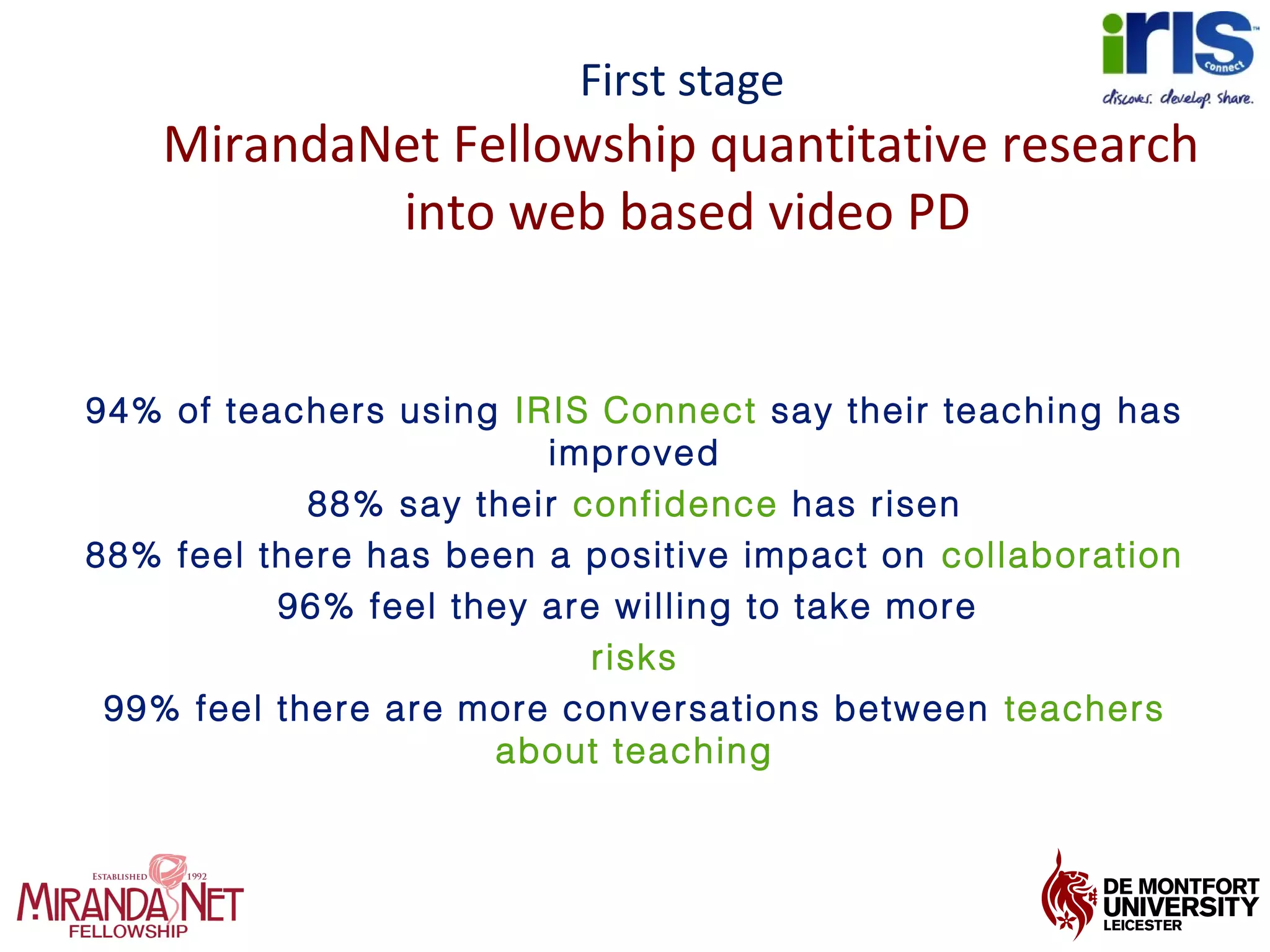 First stage
MirandaNet Fellowship quantitative research
into web based video PD
94% of teachers using IRIS Connect say their teaching has
improved
88% say their confidence has risen
88% feel there has been a positive impact on collaboration
96% feel they are willing to take more
risks
99% feel there are more conversations between teachers
about teaching
 