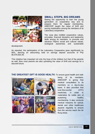 11CDA IX REPORT 2016
SMALL STEPS, BIG DREAMS.
Seeing the opportunity to train the young
generation on cooperative way and to
prepare them for regular membership,
AIMCOOP taught the value of thrift and
saving mobilization among the members of its
Laboratory cooperative.
The coop also instilled cooperative values,
principles, financial discipline and leadership
skills among its members, to promote and
advance Filipino social and cultural values,
ecological awareness and sustainable
development.
As reported, the participation of the Laboratory Cooperative grew significantly by
90%, deriving an astounding total on savings deposit accounts of Php
80,576,933.39.
This initiative has impacted not only the lives of the children but that of the parents
as well. Now most parents are also upholding the value of thrift and savings for a
secured future.
THE GREATEST GIFT IS GOOD HEALTH. To ensure good health and well-
being of its members,
AIMCOOP is giving free
medical consultation to its
members on a day-to-day
basis. It also provided free
over-the-counter (OTC)
medicines, in order to
materialize its noble aim of
sustaining healthy
membership. It also conducts
medical missions for optical,
dental and other healthcare
aspects regularly to ensure
that this service reach the far
flung areas.
 