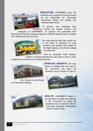 14 CDA IX REPORT 2016
EDUCATION. UWARBMPC gave the
beneficial use of parcels of the land owned
by the cooperative for Cabunbata
Elementary School and Isabela City
National High School.
75 persons who graduated from
Elementary school are already workers and
employers of UWARBMPC. 25 persons who graduated from
Elementary School are already employed in different agencies here in Isabela
City, Zamboanga City and Cebu.
The coop also provided free school bus
to the Sons & daughters of coop
members and workers who availed of
the Night Classes at the Claret College
in Isabela City.
With its accessible credit facilities,
children of member-beneficiaries were able to study in other
colleges and university in the neighboring cities.
SPIRITUAL GROWTH. The coop
helped in instilling faith and hope in
the community and gave the
beneficial use of parcels of land to
Sta. Teresa de Avila Parish
and Cabunbata Mosque.
HEALTH. UWARBMPC helped in
the promotion of health and wellness
in the community by giving the
beneficial use of a parcel of land for
Cabunbata Barangay Multipurpose
Hall and Health Center.
 