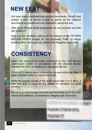 32 CDA IX REPORT 2016
We have finally submitted the required documents. What a feat
indeed. It took us almost a year to gather all the required
documents but excellence and dedication paved the way.
After going through those procedures we can honestly say that
WE EARN IT.
Now, we are excitedly waiting for the release of the FIFTEEN
MILLION PESOS budget for the proposed Three (3) storey
building which will house the entire CDA Pagadian personnel.
CONSISTENCY
Again, the result of the audit conducted by the Civil Service
Commission (CSC) on compliance with the citizen’s charter
revealed the EO’s consistency in upholding the law.
10 out of 12 criteria were complied on the spot while the other 2
were complied within 24 hours from audit.
While the regular course of the audit would take 3 to 5 days, it
took less than 5 hours for the auditor to complete the audit
process.
We have proven through time that we have lived up to our core
values of Excellence, Commitment, Integrity and Teamwork.
NEW FEAT
 
