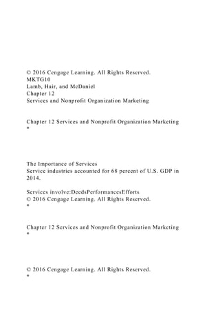 © 2016 Cengage Learning. All Rights Reserved.
MKTG10
Lamb, Hair, and McDaniel
Chapter 12
Services and Nonprofit Organization Marketing
Chapter 12 Services and Nonprofit Organization Marketing
*
The Importance of Services
Service industries accounted for 68 percent of U.S. GDP in
2014.
Services involve:DeedsPerformancesEfforts
© 2016 Cengage Learning. All Rights Reserved.
*
Chapter 12 Services and Nonprofit Organization Marketing
*
© 2016 Cengage Learning. All Rights Reserved.
*
 