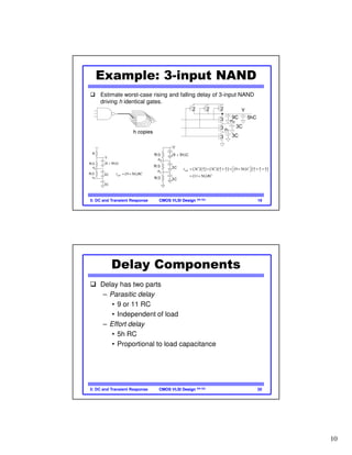 10
CMOS VLSI DesignCMOS VLSI Design 4th Ed.5: DC and Transient Response 19
Example: 3-input NAND
Estimate worst-case rising and falling delay of 3-input NAND
driving h identical gates.
9C
3C
3C3
3
3
222
5hC
Y
n2
n1
( )9 5pdrt h RC= +
( )( ) ( )( ) ( ) ( )
( )
3 3 3 3 3 3
3 3 9 5
11 5
R R R R R R
pdft C C h C
h RC
= + + + + + +  
= +
CMOS VLSI DesignCMOS VLSI Design 4th Ed.5: DC and Transient Response 20
Delay Components
Delay has two parts
– Parasitic delay
• 9 or 11 RC
• Independent of load
– Effort delay
• 5h RC
• Proportional to load capacitance
 