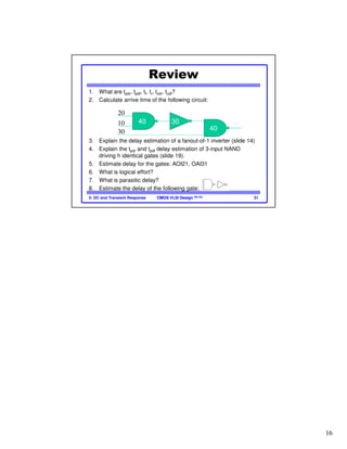 16
CMOS VLSI DesignCMOS VLSI Design 4th Ed.
Review
1. What are tpdr, tpdf, tf, tr, tcdr, tcdf?
2. Calculate arrive time of the following circuit:
3. Explain the delay estimation of a fanout-of-1 inverter (slide 14)
4. Explain the tpdr and tpdf delay estimation of 3-input NAND
driving h identical gates (slide 19).
5. Estimate delay for the gates: AOI21, OAI31
6. What is logical effort?
7. What is parasitic delay?
8. Estimate the delay of the following gate:
5: DC and Transient Response 31
40 3010
20
4030
 