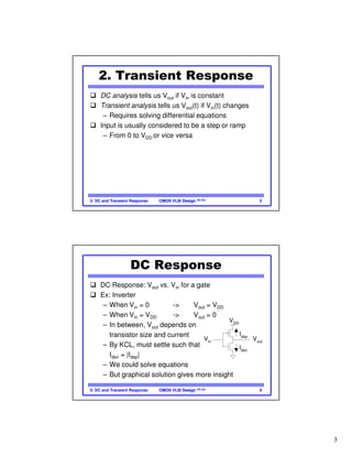 3
CMOS VLSI DesignCMOS VLSI Design 4th Ed.5: DC and Transient Response 5
2. Transient Response
DC analysis tells us Vout if Vin is constant
Transient analysis tells us Vout(t) if Vin(t) changes
– Requires solving differential equations
Input is usually considered to be a step or ramp
– From 0 to VDD or vice versa
CMOS VLSI DesignCMOS VLSI Design 4th Ed.5: DC and Transient Response 6
DC Response
DC Response: Vout vs. Vin for a gate
Ex: Inverter
– When Vin = 0 -> Vout = VDD
– When Vin = VDD -> Vout = 0
– In between, Vout depends on
transistor size and current
– By KCL, must settle such that
Idsn = |Idsp|
– We could solve equations
– But graphical solution gives more insight
Idsn
Idsp
Vout
VDD
Vin
 