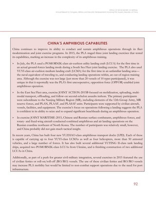OFFICE OF THE SECRETARY OF DEFENSE
Annual Report to Congress: Military and Security Developments Involving the People’s Republic of China
92
CHINA’S AMPHIBIOUS CAPABILITIES
China continues to improve its ability to conduct and sustain amphibious operations through its fleet
modernization and joint exercise programs. In 2015, the PLA staged three joint landing exercises that tested
its capabilities, marking an increase in the complexity of its amphibious training.
> In July, the PLA used a POMORNIK-class air-cushion utility landing craft (LCUA) for the first time in
an actual ground-forces landing mode during a South Sea Fleet joint landing exercise. The PLA also used
YUYI-class air-cushion medium landing craft (LCMA) for the first time in an unfamiliar landing area—
the naval equivalent of traveling to, and conducting landing operations within, an out-of-region training
area. Although the exercise was not large (just more than 20 vessels of 10 types participated), it was
unique in that it reportedly was the PLA's first uncooperative, opposition force (OPFOR)-enabled joint
amphibious operation.
> In the East Sea Fleet area, exercise JOINT ACTION-2015B focused on mobilization, uploading, multi-
modal transport, offloading, and follow-on second-echelon assaults inshore. The primary participants
were subordinate to the Nanjing Military Region (MR), including elements of the 12th Group Army, MR
reserve forces, and PLAN, PLAAF, and PLASAF units. Participants were supported by civilian aircraft,
vessels, facilities, and equipment. The exercise’s focus on operations following a landing suggests the PLA
is confident in its ability to seize and to expand significant beachheads during an amphibious operation.
> In exercise JOINT MARITIME-2015, Chinese and Russian surface combatants, amphibious forces, and
rotary- and fixed-wing aircraft conducted combined amphibious and air landing operations on the
Russian coastline northeast of North Korea. The number of participants was relatively small, however,
and China probably did not gain much tactical insight.
In recent years, China has built four new YUZHAO-class amphibious transport docks (LPD). Each of these
is capable of carrying up to four YUYI-class LCMAs as well as four helicopters, more than 50 armored
vehicles, and a large number of forces. It has also built several additional YUTING II-class tank landing
ships, acquired two POMORNIK-class LCUAs from Ukraine, and is finishing construction of two additional
LCUAs in China.
Additionally, as part of a push for greater civil-military integration, several exercises in 2015 featured the use
of civilian ferries or roll-on/roll-off (RO/RO) vessels. The use of these civilian ferries and RO/RO vessels
may increase PLA mobility but would be limited to non-combat support operations due to the need for port
infrastructure.
 