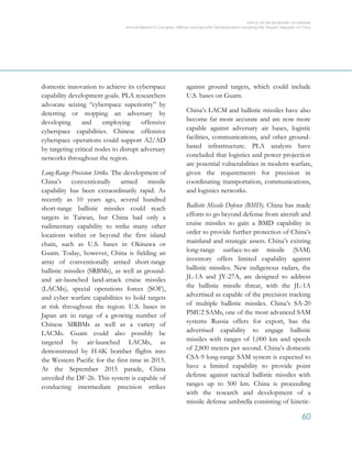 OFFICE OF THE SECRETARY OF DEFENSE
Annual Report to Congress: Military and Security Developments Involving the People’s Republic of China
60
domestic innovation to achieve its cyberspace
capability development goals. PLA researchers
advocate seizing “cyberspace superiority” by
deterring or stopping an adversary by
developing and employing offensive
cyberspace capabilities. Chinese offensive
cyberspace operations could support A2/AD
by targeting critical nodes to disrupt adversary
networks throughout the region.
Long-Range Precision Strike. The development of
China’s conventionally armed missile
capability has been extraordinarily rapid. As
recently as 10 years ago, several hundred
short-range ballistic missiles could reach
targets in Taiwan, but China had only a
rudimentary capability to strike many other
locations within or beyond the first island
chain, such as U.S. bases in Okinawa or
Guam. Today, however, China is fielding an
array of conventionally armed short-range
ballistic missiles (SRBMs), as well as ground-
and air-launched land-attack cruise missiles
(LACMs), special operations forces (SOF),
and cyber warfare capabilities to hold targets
at risk throughout the region. U.S. bases in
Japan are in range of a growing number of
Chinese MRBMs as well as a variety of
LACMs. Guam could also possibly be
targeted by air-launched LACMs, as
demonstrated by H-6K bomber flights into
the Western Pacific for the first time in 2015.
At the September 2015 parade, China
unveiled the DF-26. This system is capable of
conducting intermediate precision strikes
against ground targets, which could include
U.S. bases on Guam.
China’s LACM and ballistic missiles have also
become far more accurate and are now more
capable against adversary air bases, logistic
facilities, communications, and other ground-
based infrastructure. PLA analysts have
concluded that logistics and power projection
are potential vulnerabilities in modern warfare,
given the requirements for precision in
coordinating transportation, communications,
and logistics networks.
Ballistic Missile Defense (BMD). China has made
efforts to go beyond defense from aircraft and
cruise missiles to gain a BMD capability in
order to provide further protection of China’s
mainland and strategic assets. China’s existing
long-range surface-to-air missile (SAM)
inventory offers limited capability against
ballistic missiles. New indigenous radars, the
JL-1A and JY-27A, are designed to address
the ballistic missile threat, with the JL-1A
advertised as capable of the precision tracking
of multiple ballistic missiles. China’s SA-20
PMU2 SAMs, one of the most advanced SAM
systems Russia offers for export, has the
advertised capability to engage ballistic
missiles with ranges of 1,000 km and speeds
of 2,800 meters per second. China’s domestic
CSA-9 long-range SAM system is expected to
have a limited capability to provide point
defense against tactical ballistic missiles with
ranges up to 500 km. China is proceeding
with the research and development of a
missile defense umbrella consisting of kinetic-
 