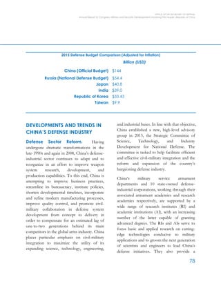 OFFICE OF THE SECRETARY OF DEFENSE
Annual Report to Congress: Military and Security Developments Involving the People’s Republic of China
78
2015 Defense Budget Comparison (Adjusted for Inflation)
Billion (USD)
China (Official Budget) $144
Russia (National Defense Budget) $54.4
Japan $40.8
India $39.0
Republic of Korea $33.43
Taiwan $9.9
DEVELOPMENTS AND TRENDS IN
CHINA’S DEFENSE INDUSTRY
Defense Sector Reform. Having
undergone dramatic transformations in the
late-1990s and again in 2008, China’s defense-
industrial sector continues to adapt and to
reorganize in an effort to improve weapon
system research, development, and
production capabilities. To this end, China is
attempting to improve business practices,
streamline its bureaucracy, institute policies,
shorten developmental timelines, incorporate
and refine modern manufacturing processes,
improve quality control, and promote civil-
military collaboration in defense system
development from concept to delivery in
order to compensate for an estimated lag of
one-to-two generations behind its main
competitors in the global arms industry. China
places particular emphasis on civil-military
integration to maximize the utility of its
expanding science, technology, engineering,
and industrial bases. In line with that objective,
China established a new, high-level advisory
group in 2015, the Strategic Committee of
Science, Technology, and Industry
Development for National Defense. The
committee is tasked to help facilitate efficient
and effective civil-military integration and the
reform and expansion of the country’s
burgeoning defense industry.
China’s military service armament
departments and 10 state-owned defense-
industrial corporations, working through their
associated armament academies and research
academies respectively, are supported by a
wide range of research institutes (RI) and
academic institutions (AI), with an increasing
number of the latter capable of granting
advanced degrees. The RIs and AIs serve to
focus basic and applied research on cutting-
edge technologies conducive to military
applications and to groom the next generation
of scientists and engineers to lead China’s
defense initiatives. They also provide a
 